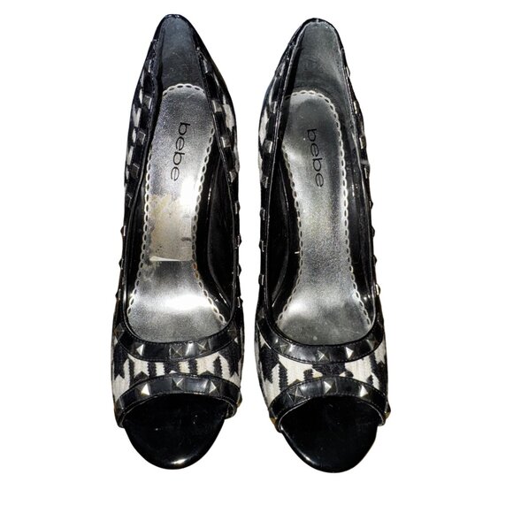 BEBE Black White Houndstooth Platform Peep Toe Pump Studded Size 10‎ Stilettos - Picture 2 of 10